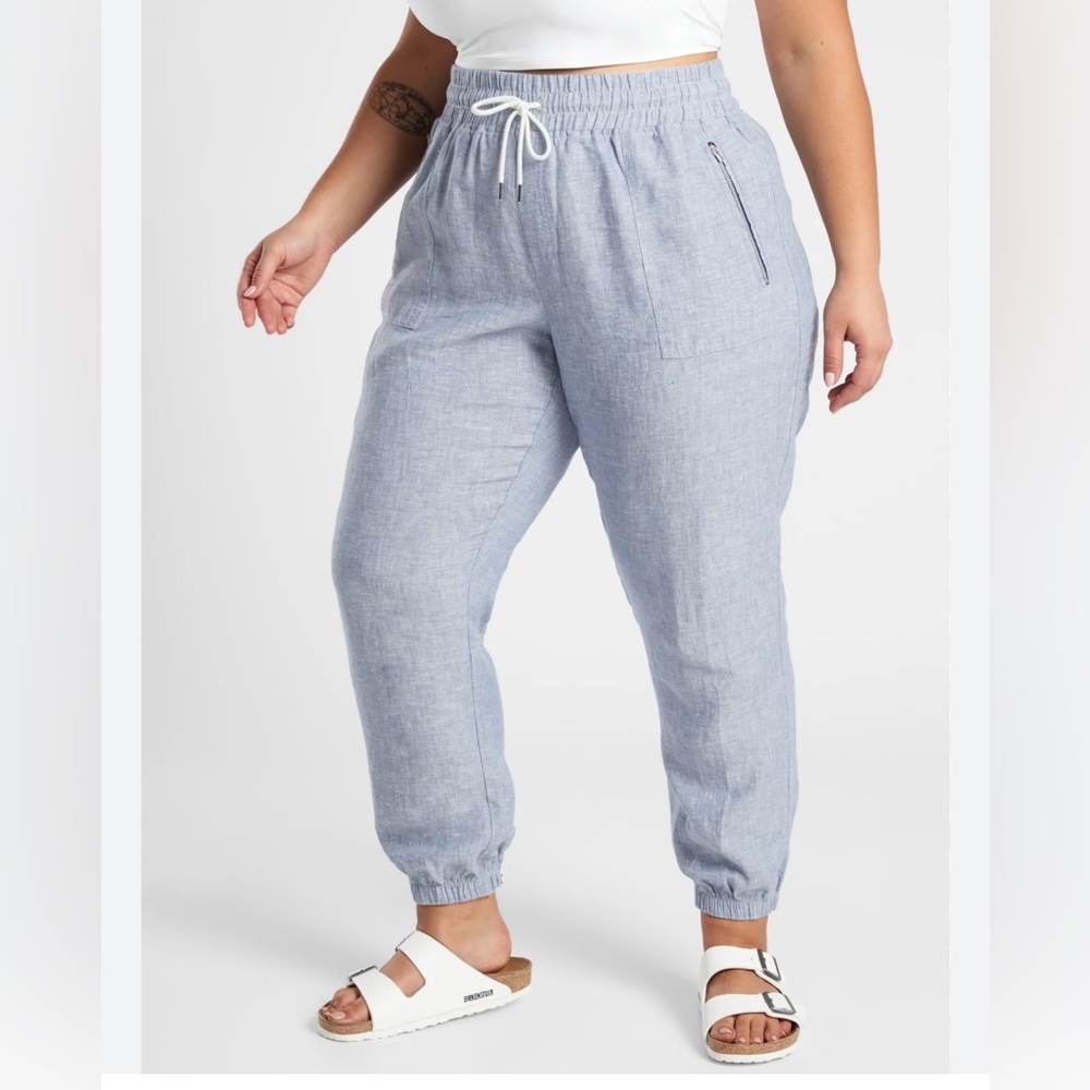 Athleta Cabo 100% Linen Drawstring Jogger Pants Women's Size 24 Chambray Blue